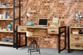 A work space with a wooden desk with black metal legs